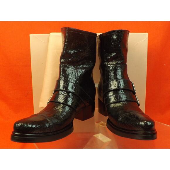 NEW MIU MIU PRADA BLACK CRACKED LEATHER MOTO BIKER 2X BELTED SHORT BOOTS 37 $895 - Picture 4 of 12